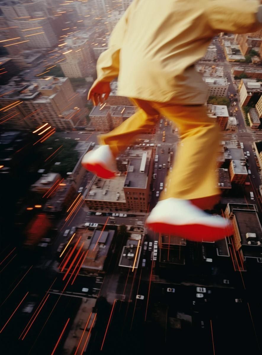 Mid-leap high above a city, a figure in a yellow suit and red-soled trainers, the streets streaking below.