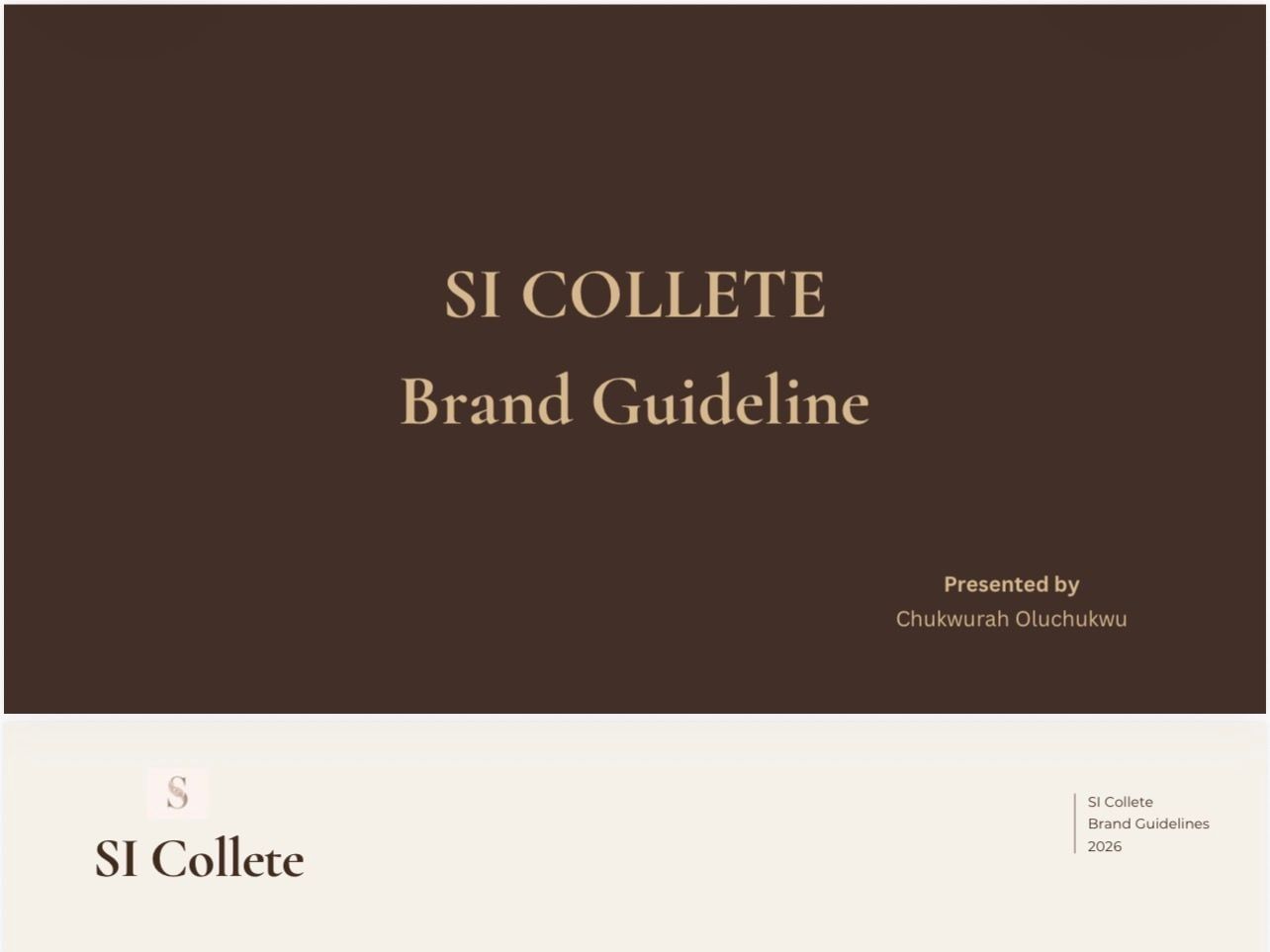 The cover of the SI Collete brand guideline: serif type in champagne gold on coffee brown.